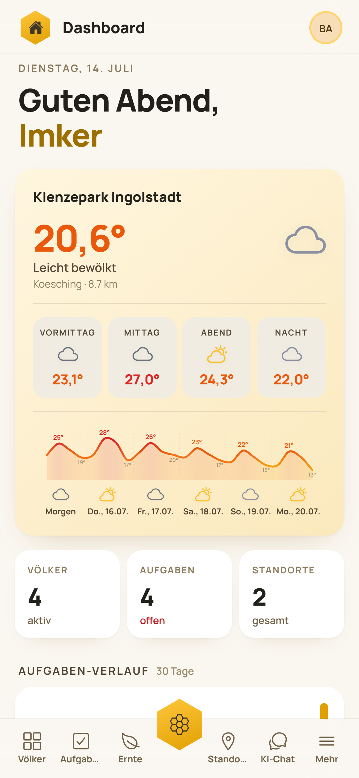 BeeAssist auf dem Smartphone mit Wetterkachel und Kennzahlen
