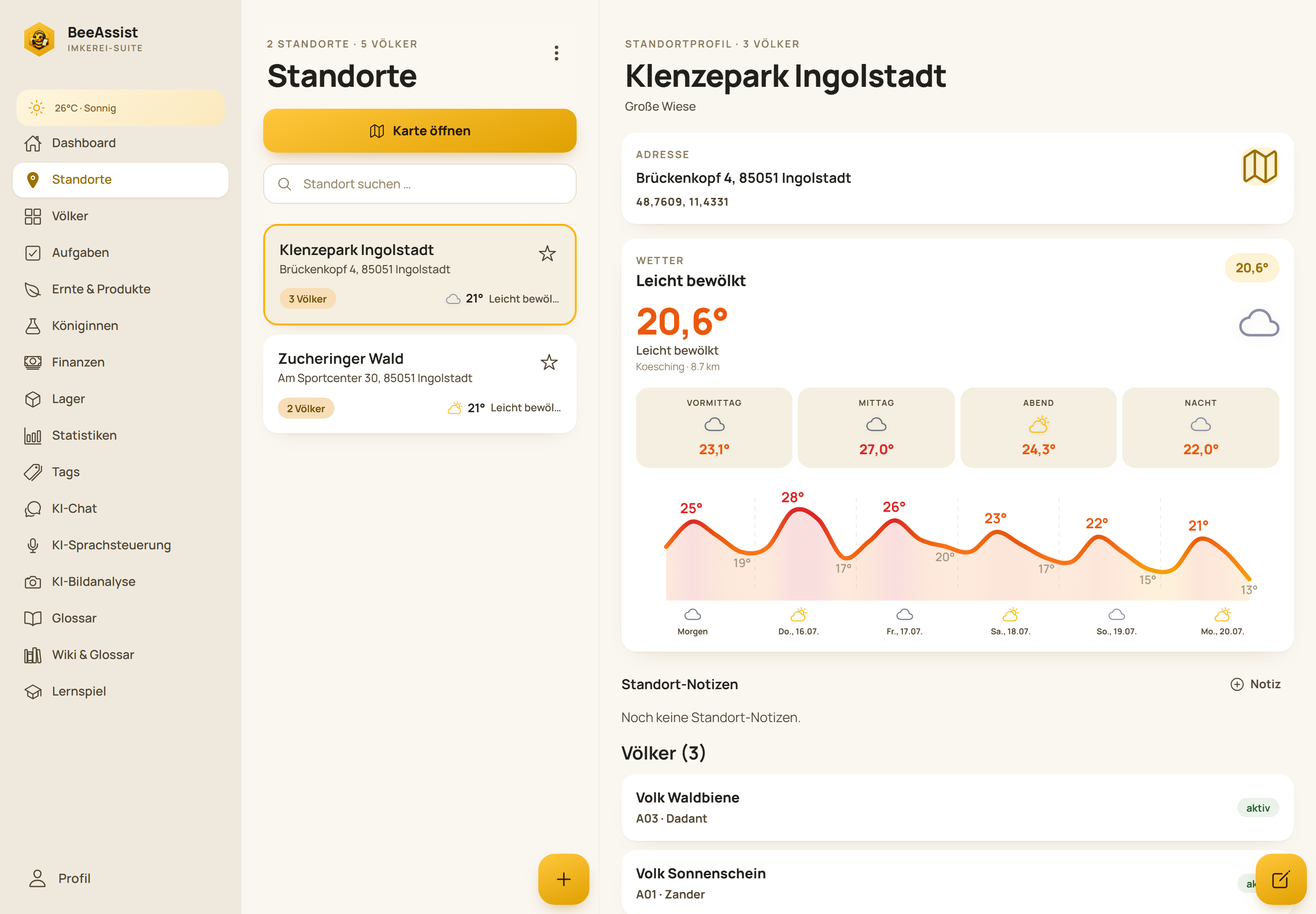Standortprofil mit Adresse, GPS-Koordinaten, DWD-Wettervorhersage und den Völkern am Standort
