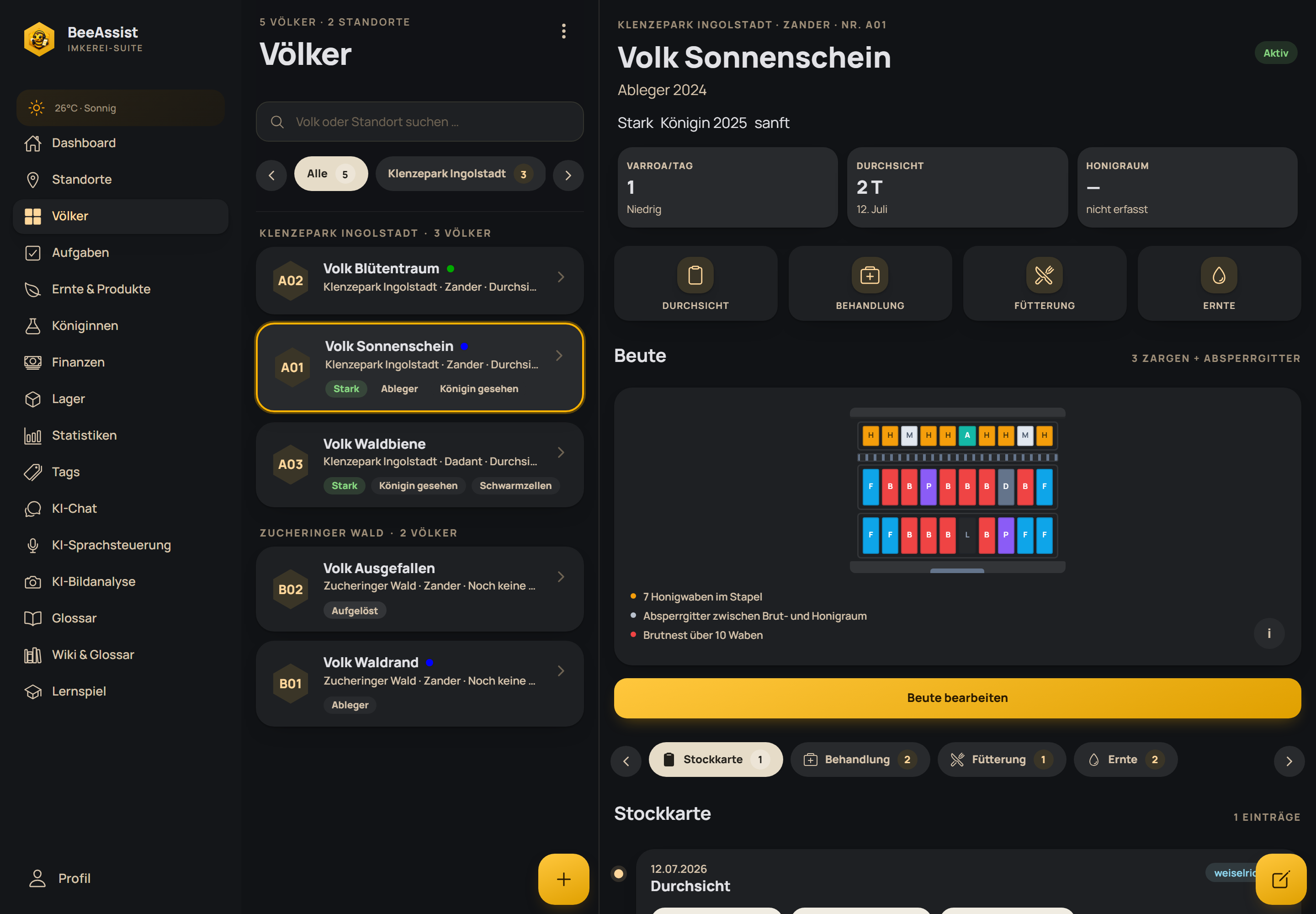Volk-Detailseite mit Kennzahlen zu Varroa pro Tag, letzter Durchsicht und Honigraum sowie Schnellaktionen und Stockkarte
