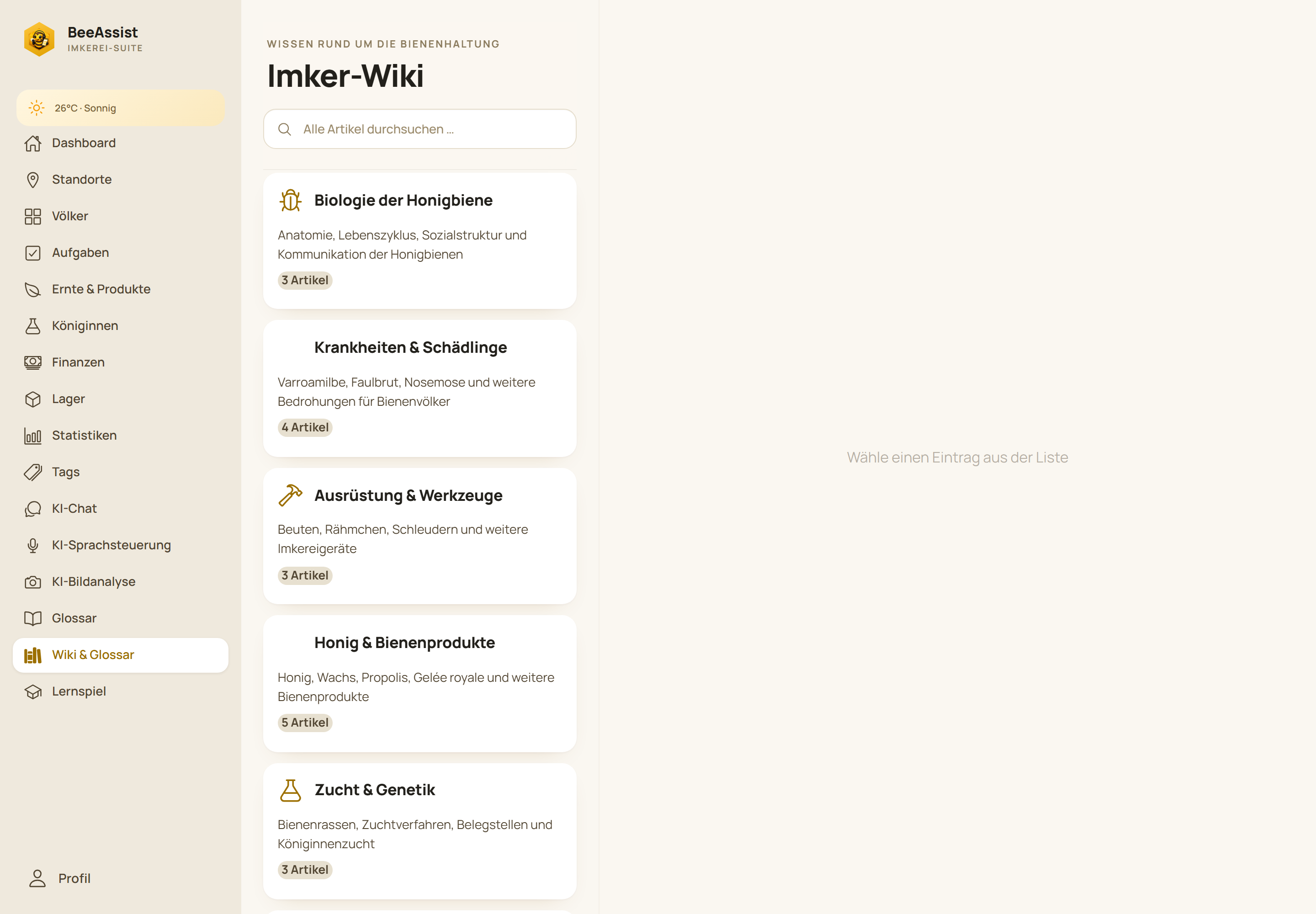 Imker-Wiki mit Kapitelübersicht und Suchfunktion
